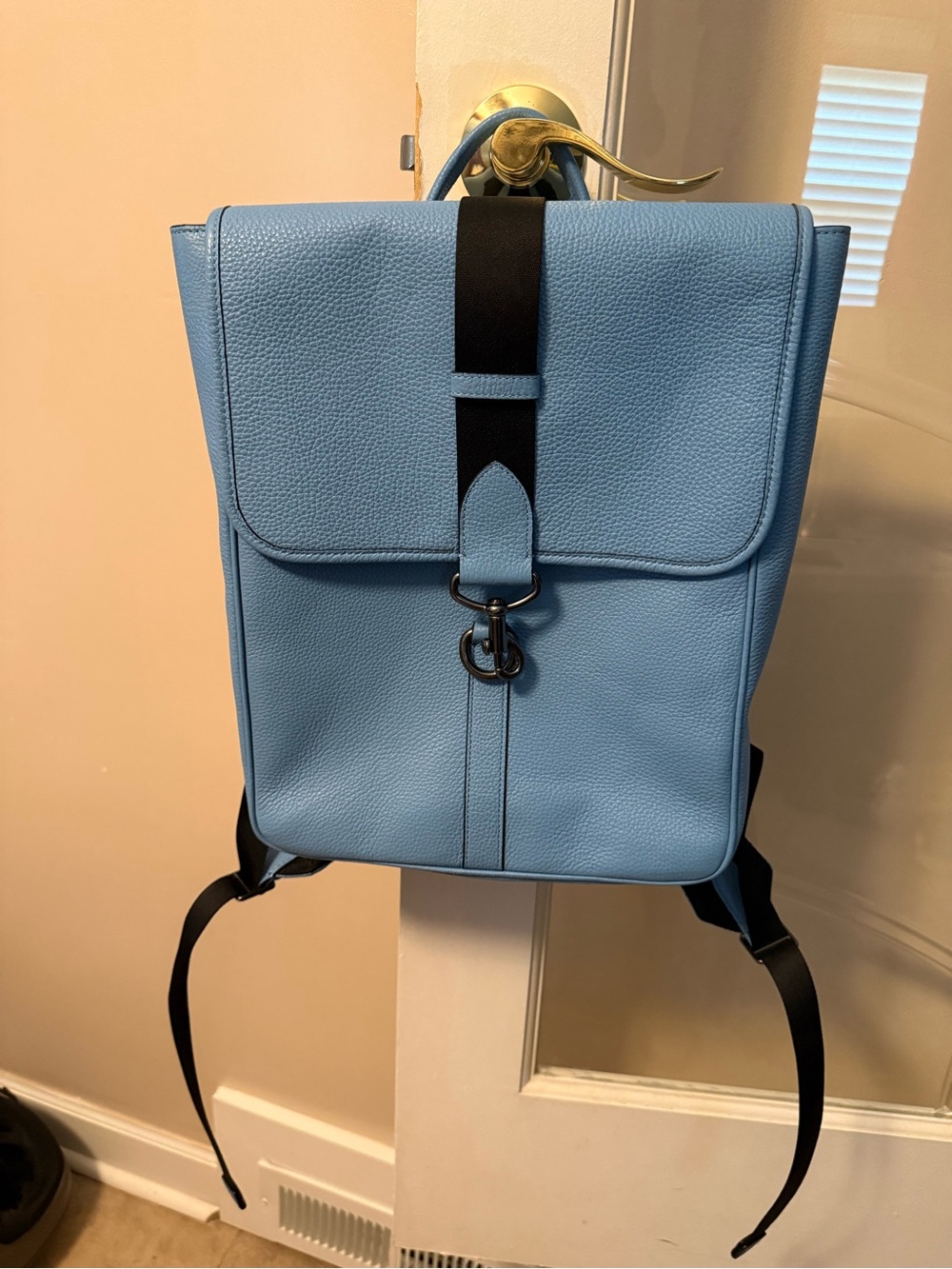 Light Blue Men's Coach Leather Backpack with Black Strap